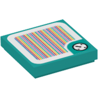 Visuel indicatif Rebrickable de Carreau 2 x 2 avec horloge en bordure arrondie et code à barres motif imprimé (autocollant) (Tile 2 x 2 with Clock in Rounded Border and Barcode Print (Sticker))