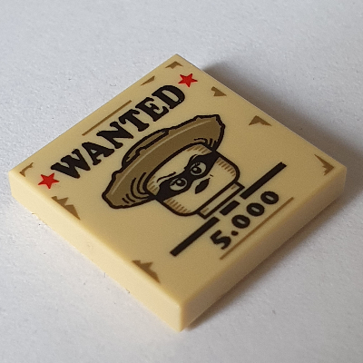 Visuel indicatif Rebrickable de Tuile 2 x 2 avec l'affiche recherchée montrant le visage avec le chapeau de cow-boy et le masque d'œil (Tile 2 x 2 with Wanted Poster showing Face with Cowboy Hat and Eye Mask)