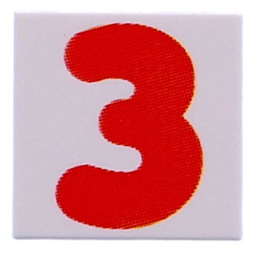 Visuel indicatif Rebrickable de Tuile 2 x 2 avec motif imprimé rouge '3' (Tile 2 x 2 with Red '3' Print)