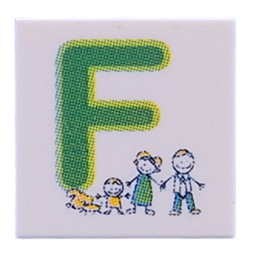 Visuel indicatif Rebrickable de Tuile 2 x 2 avec le vert 'F', motif imprimé famille (Tile 2 x 2 with Green 'F', Family Print)