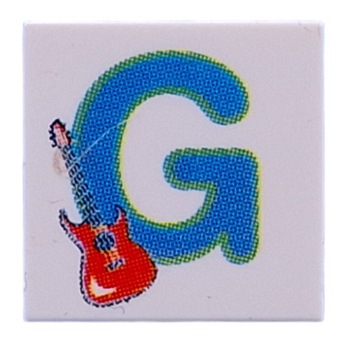 Visuel indicatif Rebrickable de Tuile 2 x 2 avec le bleu 'G', motif imprimé guitare (Tile 2 x 2 with Blue 'G', Guitar Print)