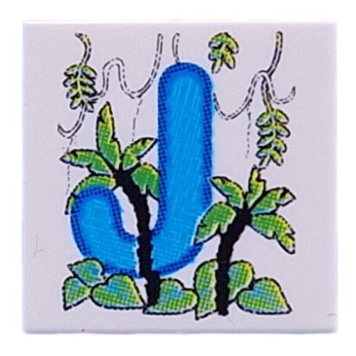 Visuel indicatif Rebrickable de Tuile 2 x 2 avec bleu moyen 'J', motif imprimé Jungle (Tile 2 x 2 with Medium Blue 'J', Jungle Print)