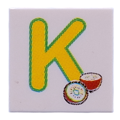 Visuel indicatif Rebrickable de Tuile 2 x 2 avec le jaune 'K', motif imprimé Kiwi (Tile 2 x 2 with Yellow 'K', Kiwi Print)