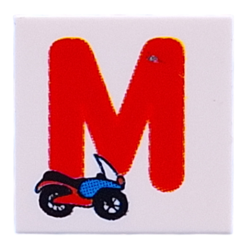 Visuel indicatif Rebrickable de Tuile 2 x 2 avec le rouge 'M', motif imprimé moto (Tile 2 x 2 with Red 'M', Motorcycle Print)
