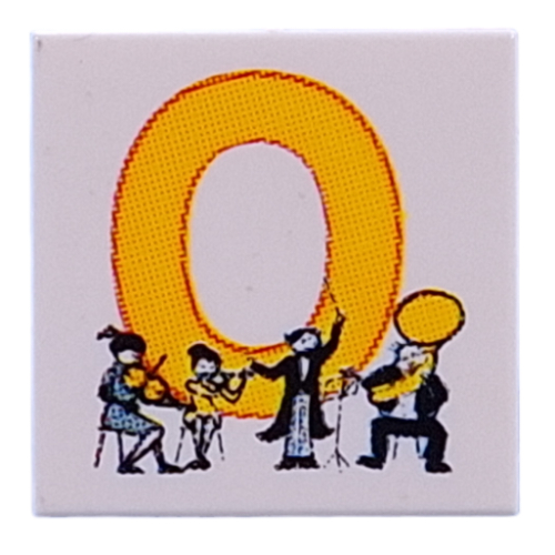 Visuel indicatif Rebrickable de Tuile 2 x 2 avec 'O' jaune, motif imprimé orchestre (Tile 2 x 2 with Yellow 'O', Orchestra Print)