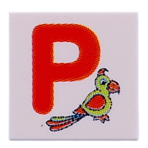 Visuel indicatif Rebrickable de Tuile 2 x 2 avec le rouge 'P', motif imprimé perroquet (Tile 2 x 2 with Red 'P', Parrot Print)