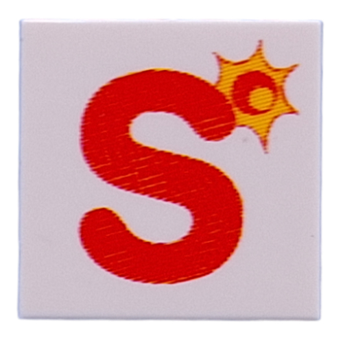 Visuel indicatif Rebrickable de Tuile 2 x 2 avec rouge 'S', motif imprimé soleil (Tile 2 x 2 with Red 'S', Sun Print)