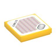 Visuel indicatif Rebrickable de Tuile 2 x 2 avec 'Start', trois pièces de monnaie, et le modèle de code à barres imprimé (autocollant) (Tile 2 x 2 with 'Start', Three Coins, and Barcode Print (Sticker))