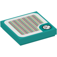 Visuel indicatif Rebrickable de Carreau 2 x 2 avec horloge en bordure arrondie et code à barres motif imprimé (autocollant) (Tile 2 x 2 with Clock in Rounded Border and Barcode Print (Sticker))