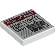 Visuel indicatif Rebrickable de Tuile 2 x 2 avec journal bugle quotidien 'RHINO ESCAPES FROM ZOO!' motif imprimé (Tile 2 x 2 with Newspaper Daily Bugle 'RHINO ESCAPES FROM ZOO!' Print)