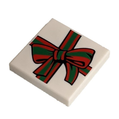 Visuel indicatif Rebrickable de Tuile 2 x 2 avec ruban rouge et vert avec noeud (cadeau) motif imprimé (Tile 2 x 2 with Red and Green Ribbon with Bow (Gift) Print)