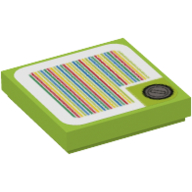 Visuel indicatif Rebrickable de Tuile 2 x 2 avec pièce de monnaie avec fond carré de vert citron et code à barres motif imprimé (autocollant) (Tile 2 x 2 with Coin with Square Lime Background and Barcode Print (Sticker))