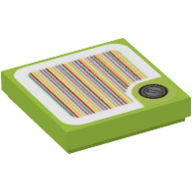 Visuel indicatif Rebrickable de Tuile 2 x 2 avec pièce de monnaie avec fond de vert citron incurvée et code à barres motif imprimé (autocollant) (Tile 2 x 2 with Coin with Curved Lime Background and Barcode Print (Sticker))