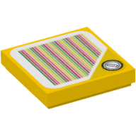 Visuel indicatif Rebrickable de Tuile 2 x 2 avec pièce de monnaie sur triangle jaune et code à barres motif imprimé (autocollant) (Tile 2 x 2 with Coin on Yellow Triangle and Barcode Print (Sticker))