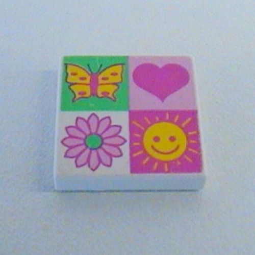 Visuel indicatif Rebrickable de Tuile 2 x 2 avec 4 sections cœur, Soleil, Fleur, Papillon imprimé (Tile 2 x 2 with 4 section Heart, Sun, Flower, Butterfly Print)