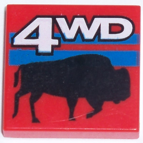 Visuel indicatif Rebrickable de Tuile 2 x 2 avec motif imprimé blanc '4WD' et bison noir (Tile 2 x 2 with White '4WD' and Black Bison Print)