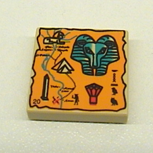 Visuel indicatif Rebrickable de Tuile 2 x 2 avec carte orange et hiéroglyphes, tête de Khnum, 20 motifs imprimés (Tile 2 x 2 with Orange Map and Hieroglyphs, Khnum Head, 20 Print)