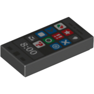 Visuel indicatif Rebrickable de Tuile 1 x 2 avec Octan de téléphone intelligent, étoile et autres icônes et motif imprimé '8:00' (Tile 1 x 2 with Smart Phone Octan, Star and other Icons and '8:00' Print)