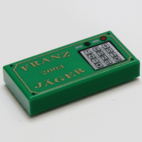 Visuel indicatif Rebrickable de Tuile 1 x 2 avec motif imprimé 'FRANZ JÄGER 2003' et clavier (Tile 1 x 2 with 'FRANZ JÄGER 2003' and Keypad Print)