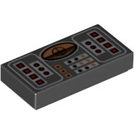 Visuel indicatif Rebrickable de Carreau 1 x 2 avec avionique cuivre, rouge & argent contrôles motif imprimé (Tile 1 x 2 with Avionics Copper, Red & Silver Controls Print)