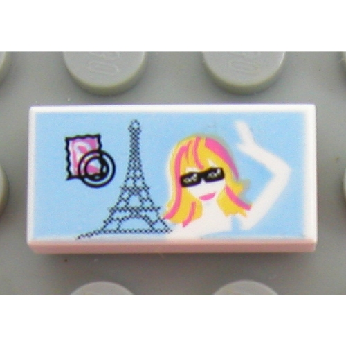 Visuel indicatif Rebrickable de Tuile 1 x 2 avec tour eiffel et fille ondulant motif imprimé (Tile 1 x 2 with Eiffel Tower and Girl Waving Print)