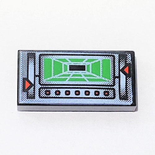 Visuel indicatif Rebrickable de Carreau 1 x 2 avec alpha équipe écran vert et contrôles motif imprimé (Tile 1 x 2 with Alpha Team Green Screen and Controls Print)