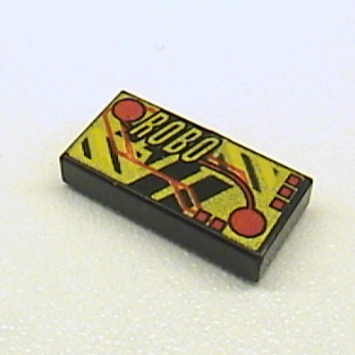 Visuel indicatif Rebrickable de Tuile 1 x 2 avec robo or, jaune, motif imprimé rouge (Tile 1 x 2 with Robo Gold, Yellow, Red Print)