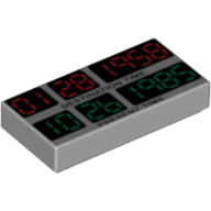 Visuel indicatif Rebrickable de Tuile 1 x 2 avec motif imprimé rouge '01 28 1958', vert '10 26 1985', noir 'DESTINATION TIME' et 'PRESENT TIME' (Tile 1 x 2 with Red '01 28 1958', Green '10 26 1985', Black 'DESTINATION TIME' and 'PRESENT TIME' Print)