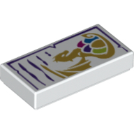 Visuel indicatif Rebrickable de Tuile 1 x 2 avec le dragon d'or tenant 5 oeufs colorés, et le motif imprimé de lignes de texte violet foncé (Tile 1 x 2 with Gold Dragon Holding 5 Colored Eggs, and Dark Purple Text Lines Print)