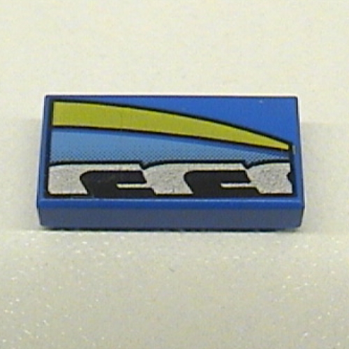 Visuel indicatif Rebrickable de Tuile 1 x 2 avec motif imprimé bleu, noir, argent et jaune à gauche (Tile 1 x 2 with Blue, Black, Silver, and Yellow Stripes Left Print)