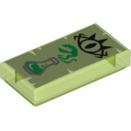 Visuel indicatif Rebrickable de Tuile 1 x 2 avec l'œil de gobelin et le flacon d'Erlenmeyer avec les vapeurs de vert citron sur le motif imprimé de fond de parchemin vert jaunâtre (Tile 1 x 2 with Goblin Eye and Erlenmeyer Flask with Lime Vapors on Yellowish Green Parchment Background Print)