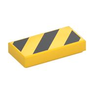 Visuel indicatif Rebrickable de Tuile 1 x 2 avec rayures diagonales noires, petit coin jaune Triangles motif imprimé (Tile 1 x 2 with Black Diagonal Stripes, Small Yellow Corner Triangles Print)