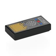 Visuel indicatif Rebrickable de Carreau 1 x 2 avec or raster, cadran argenté, boutons rouge/bleu (star trek communicateur) motif imprimé (Tile 1 x 2 with Gold Raster, Silver Dial, Red/Blue Buttons (Star Trek Communicator) Print)