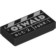 Visuel indicatif Rebrickable de Tuile 1 x 2 avec ardoise blanche, 'OSWALD, act 2, take 1' motif imprimé (Tile 1 x 2 with White Film Slate, 'OSWALD, act 2, take 1' Print)