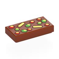 Visuel indicatif Rebrickable de Tuile 1 x 2 avec motif imprimé jaune clair, vert vif, gâteau de fruits rouge (Tile 1 x 2 with Bright Light Yellow, Bright Green, Red Fruitcake Print)