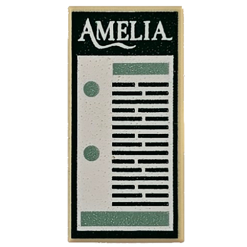 Visuel indicatif Rebrickable de Tuile 1 x 2 avec motif imprimé blanc 'Amelia', billet vert (Tile 1 x 2 with White 'Amelia', Green Ticket Print)