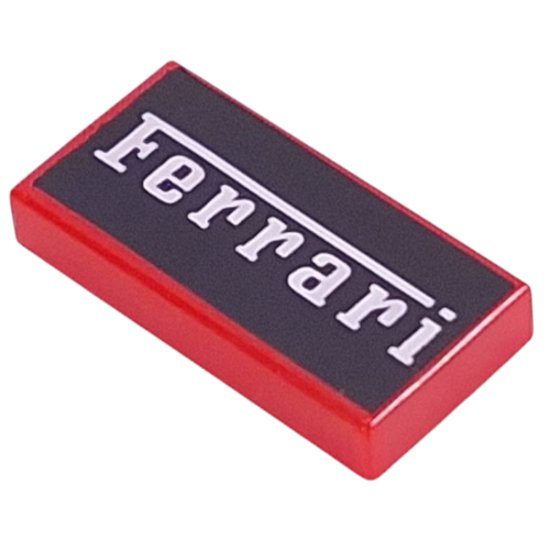 Visuel indicatif Rebrickable de Tuile 1 x 2 avec motif imprimé blanc 'Ferrari' sur fond noir (Tile 1 x 2 with White 'Ferrari' on Black Background Print)