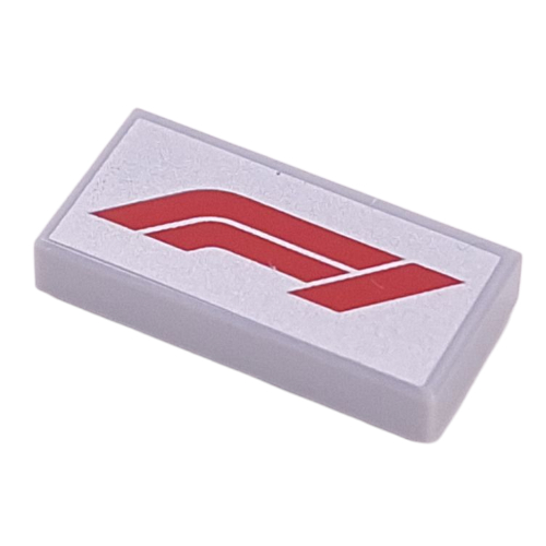 Visuel indicatif Rebrickable de Tuile 1 x 2 avec motif imprimé rouge 'F1' sur fond argenté (Tile 1 x 2 with Red 'F1' on Silver Background Print)