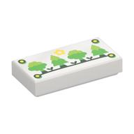 Visuel indicatif Rebrickable de Tuile 1 x 2 avec clous, soleil, vert vif/arbres calcaires sur fond vert foncé motif imprimé (Tile 1 x 2 with Nails, Sun, Bright Green/Lime Trees on Dark Green Ground Print)