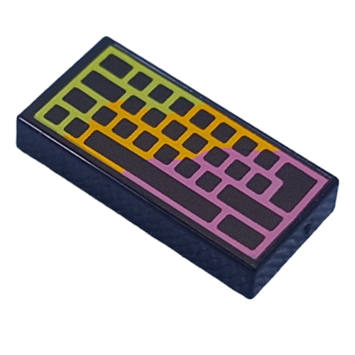 Visuel indicatif Rebrickable de Tuile 1 x 2 avec clavier d'ordinateur lavande / orange vif / vert citron sans motif imprimé en lettres (Tile 1 x 2 with Lavender/Bright Orange/Lime Computer Keyboard with No Letters Print)