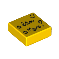 Visuel indicatif Rebrickable de Tuile 1 x 1 avec Smiley Face, Liste avec écriture et motif imprimé '?' (Tile 1 x 1 with Smiley Face, List with Writing, and '?' Print)