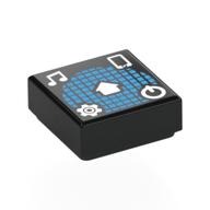 Visuel indicatif Rebrickable de Tuile 1 x 1 avec sphère carrée bleue moyenne, note de musique blanche, équipement, bouton marche / arrêt, motif imprimé par téléphone (Tile 1 x 1 with Medium Blue Squared Sphere, White Music Note, Gear, On/Off Button, Phone Print)