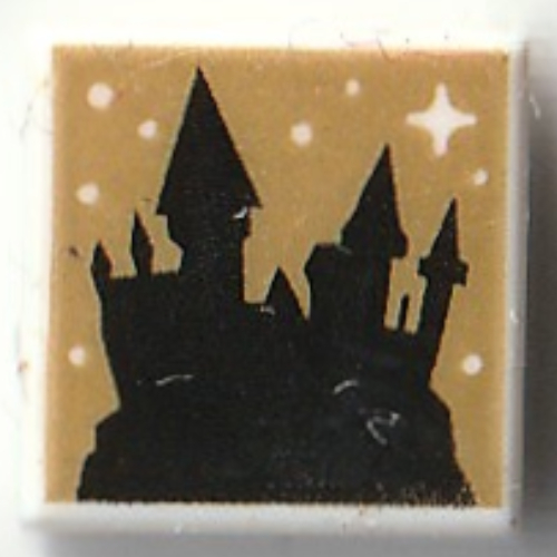 Visuel indicatif Rebrickable de Tuile 1 x 1 avec Silhouette Poudlard Noir, Motif imprimé Fond Or (Tile 1 x 1 with Black Hogwarts Silhouette, Gold Background Print)