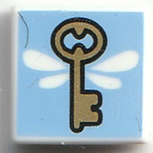 Visuel indicatif Rebrickable de Tuile 1 x 1 avec clé d'or, ailes blanches, motif imprimé de fond bleu clair (Tile 1 x 1 with Gold Key, White Wings, Bright Light Blue Background Print)