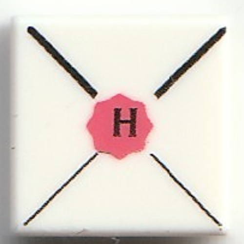 Visuel indicatif Rebrickable de Tuile 1 x 1 avec enveloppe, sceau de cire rouge, motif imprimé noir 'H' (Tile 1 x 1 with Envelope, Red Wax Seal, Black 'H' Print)