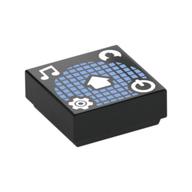 Visuel indicatif Rebrickable de Tuile 1 x 1 avec sphère carrée bleue moyenne, note de musique blanche, équipement, bouton marche / arrêt, motif imprimé Avatar (Tile 1 x 1 with Medium Blue Squared Sphere, White Music Note, Gear, On/Off Button, Avatar Print)