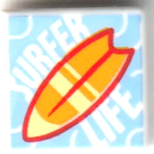 Visuel indicatif Rebrickable de Tuile 1 x 1 avec planche de surf orange/rouge, 'SURFER LIFE' sur fond bleu moyen (Tile 1 x 1 with Orange/Red Surf Board, 'SURFER LIFE' on Medium Blue Background Print)