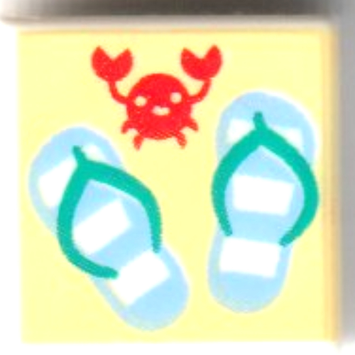 Visuel indicatif Rebrickable de Tuile 1 x 1 avec des sandales bleu moyen, crabe rouge sur fond jaune clair (Tile 1 x 1 with Medium Blue Sandals, Red Crab on Bright Light Yellow Background Print)