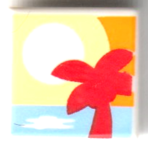 Visuel indicatif Rebrickable de Tuile 1 x 1 avec palmier rouge, mer bleu moyen, coucher de soleil blanc sur fond orange vif motif imprimé (Tile 1 x 1 with Red Palmtree, Medium Blue Sea, White Sunset on Bright Light Orange Background Print)