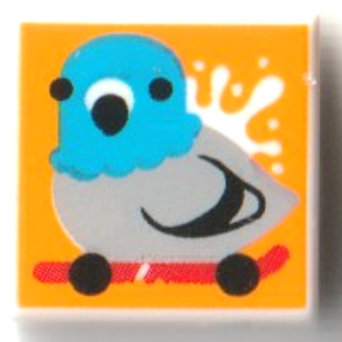Visuel indicatif Rebrickable de Tuile 1 x 1 avec Pigeon sur la planche à roulettes rouge, motif imprimé fond orange clair (Tile 1 x 1 with Pigeon on Red Skateboard, Bright Light Orange Background Print)